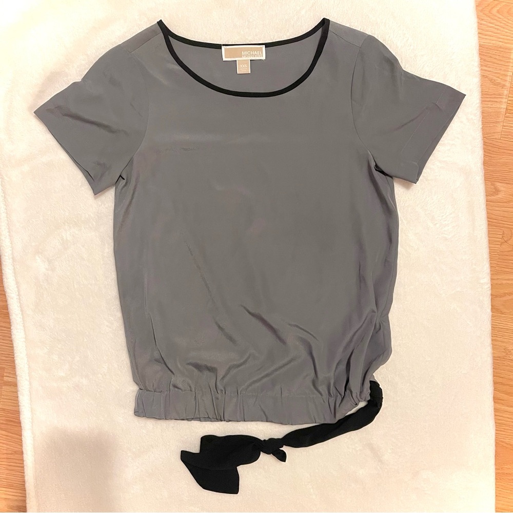 Michael Kors Gray Drawstring Blouse Top with Black Accents